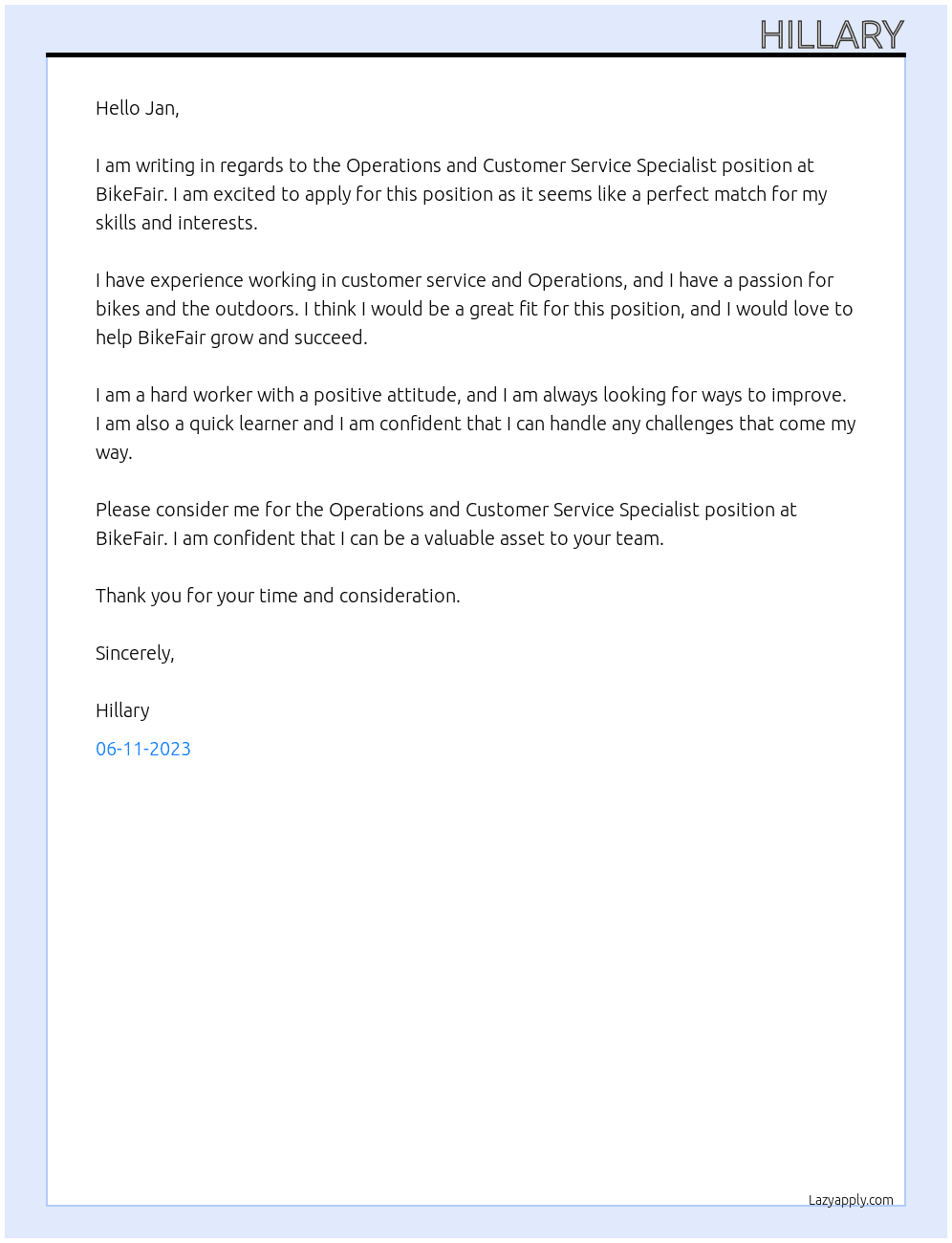Operations and Customer Service Specialist  At BikeFair Cover Letter