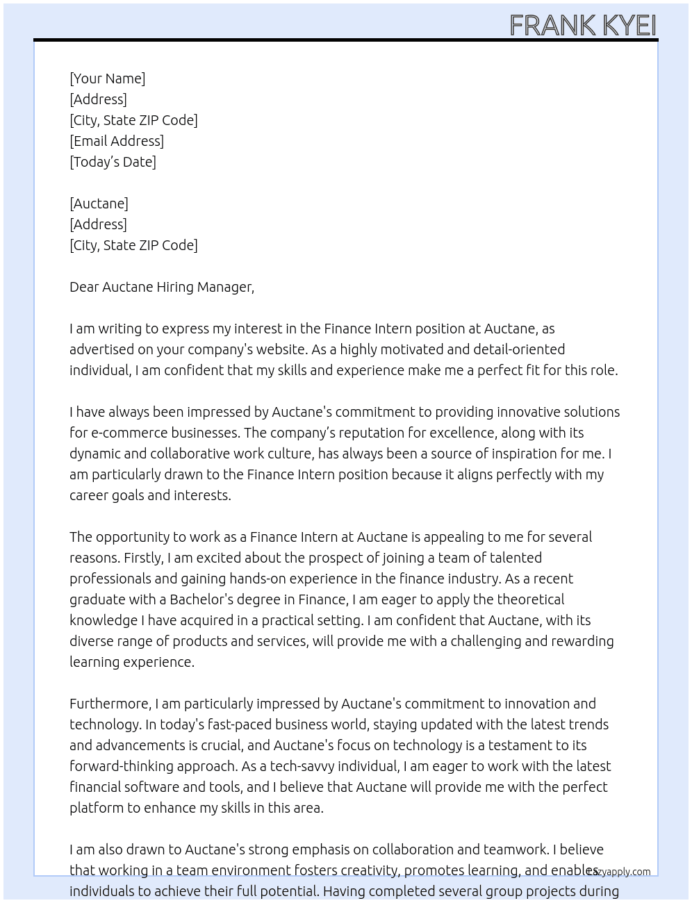 Finance Intern At Auctane Cover Letter