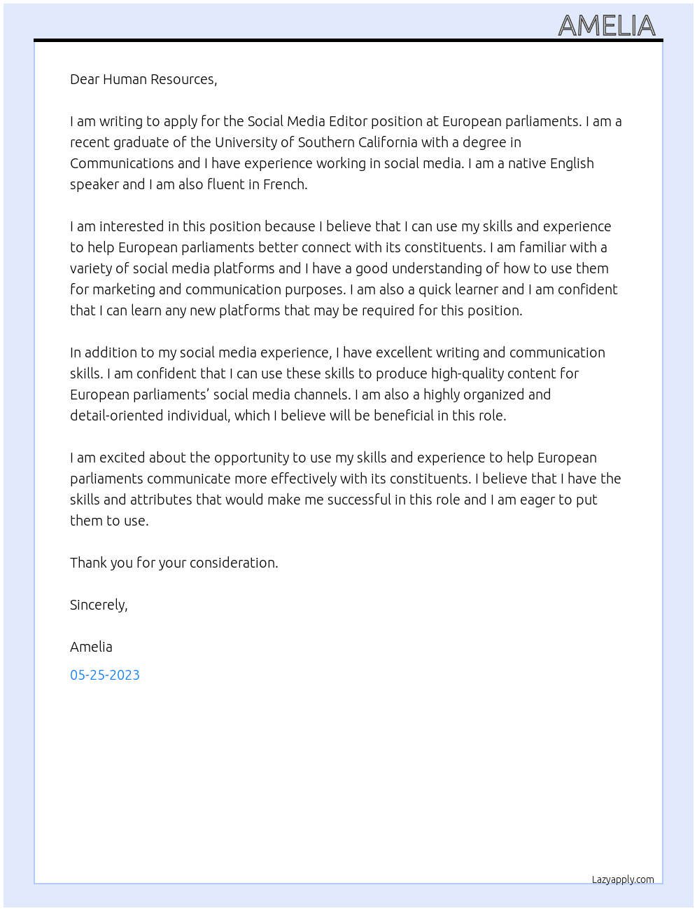 Social media editor At European parliaments  Cover Letter