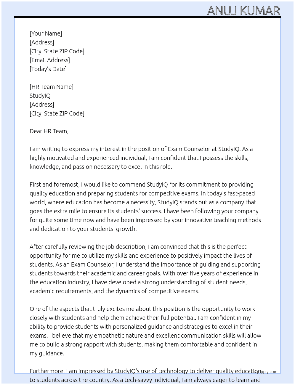 Exam counselor  At StudyIQ Cover Letter