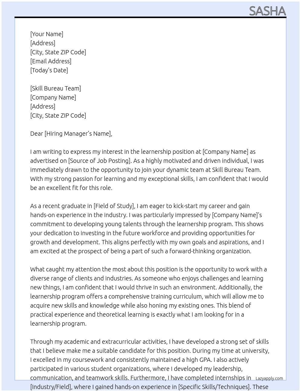 learnership At Skill bureau team Cover Letter