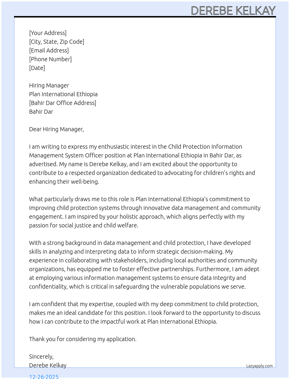 Child Protection Information Management System Officer  at  Bahir Dar At Plan International Ethiopia Cover Letter
