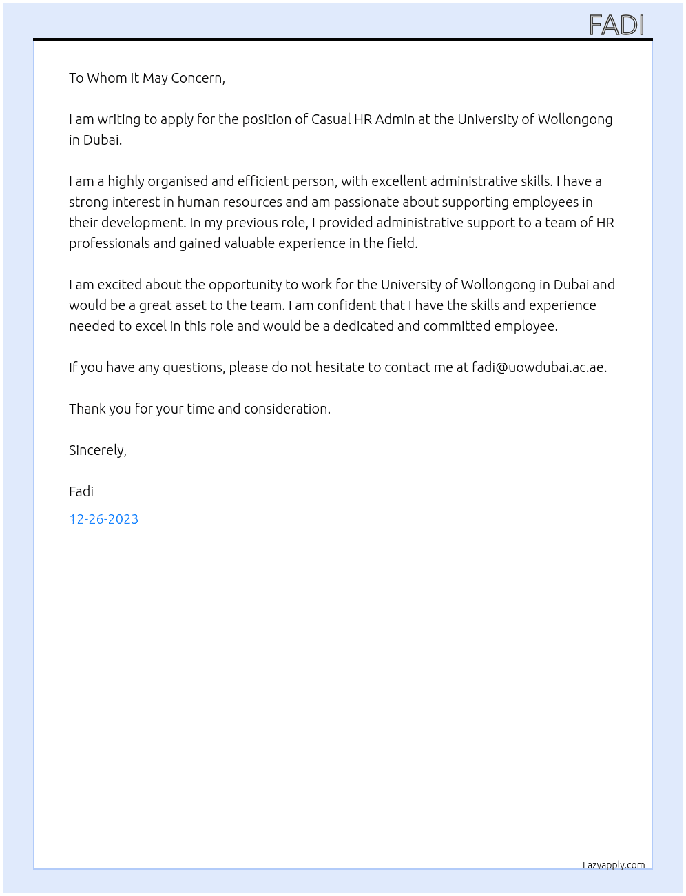 Casual HR Admin  At University of wollongong in dubai  Cover Letter