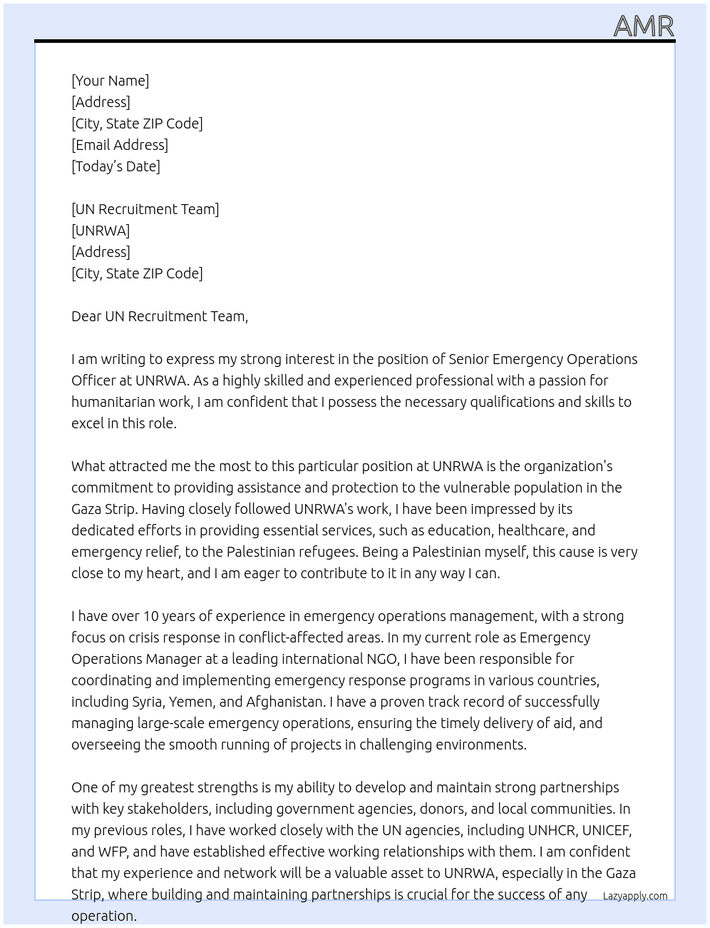Senior Emergency Operations Officer At UNRWA Cover Letter