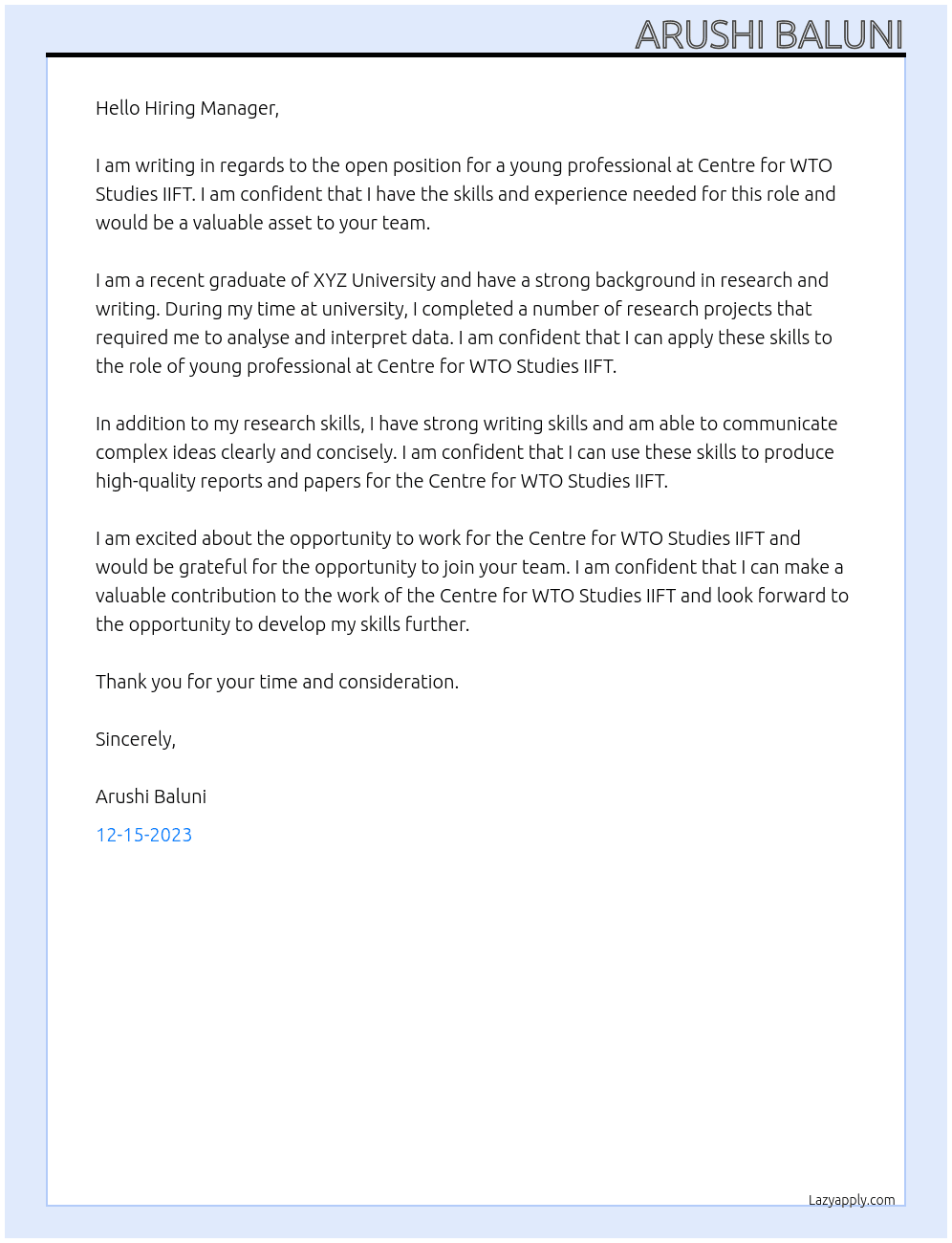 Young professional  At Centre for WTO Studies IIFT  Cover Letter