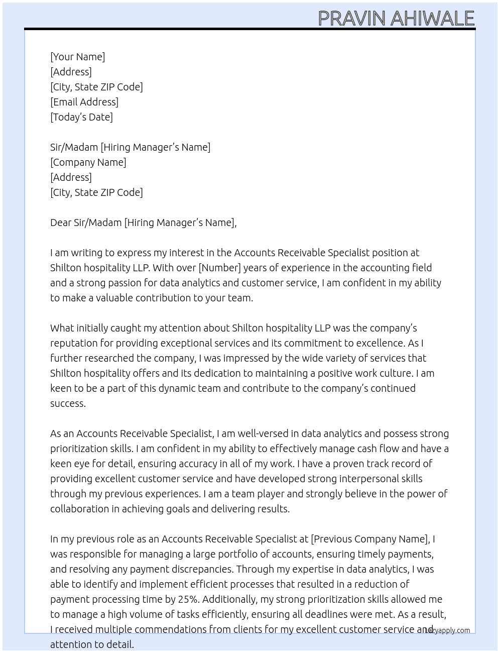 Accounts Receivable Specialist At Shilton hospitality LLP Cover Letter