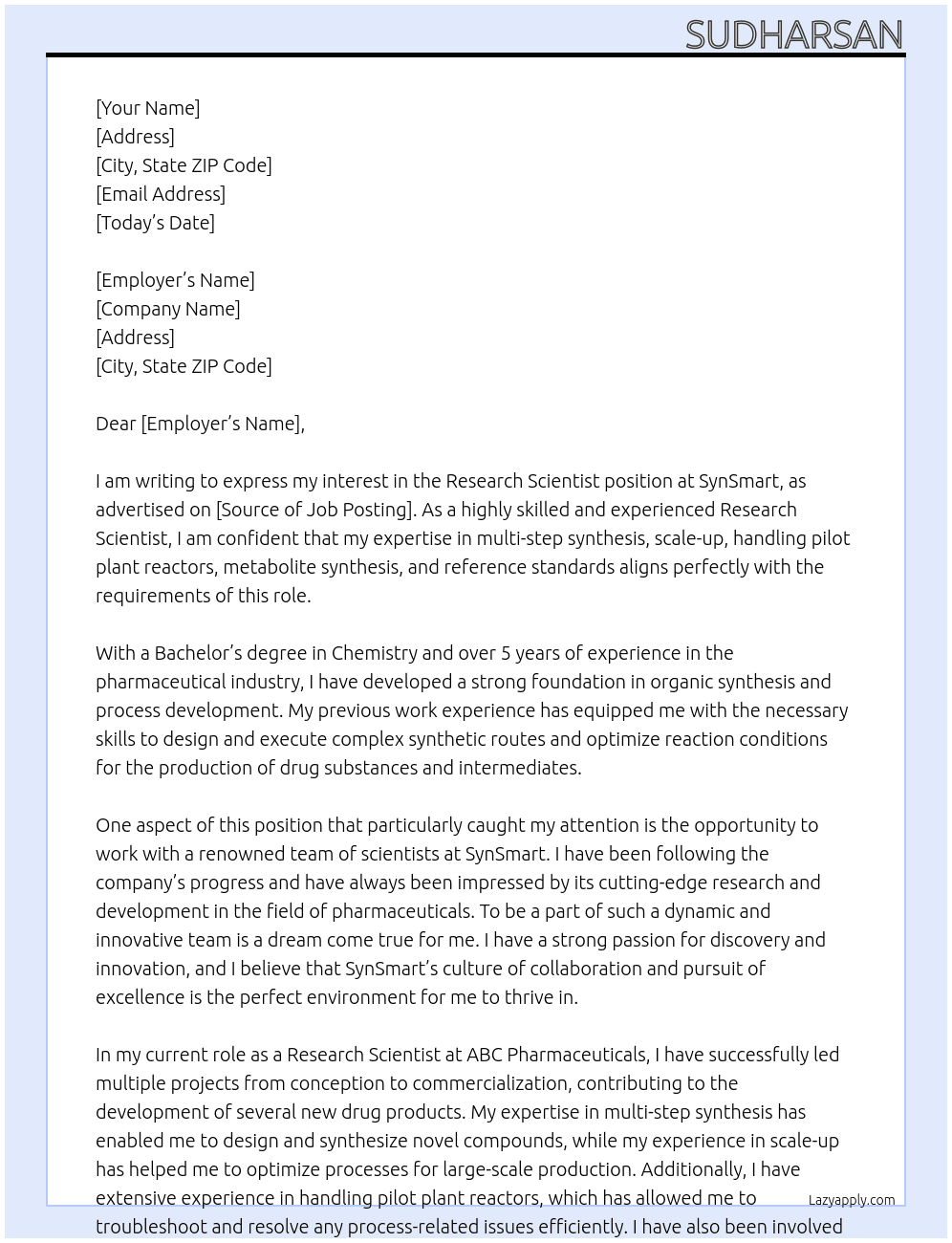 Research Scientist At SynSmart Cover Letter
