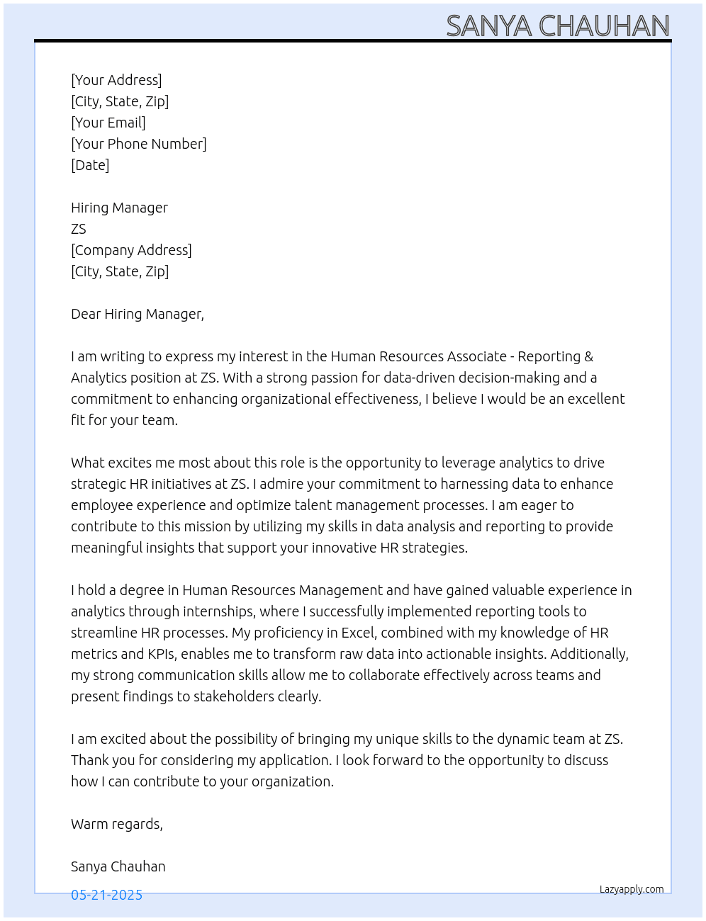 Human Resources Associate - Reporting & Analytics At ZS Cover Letter