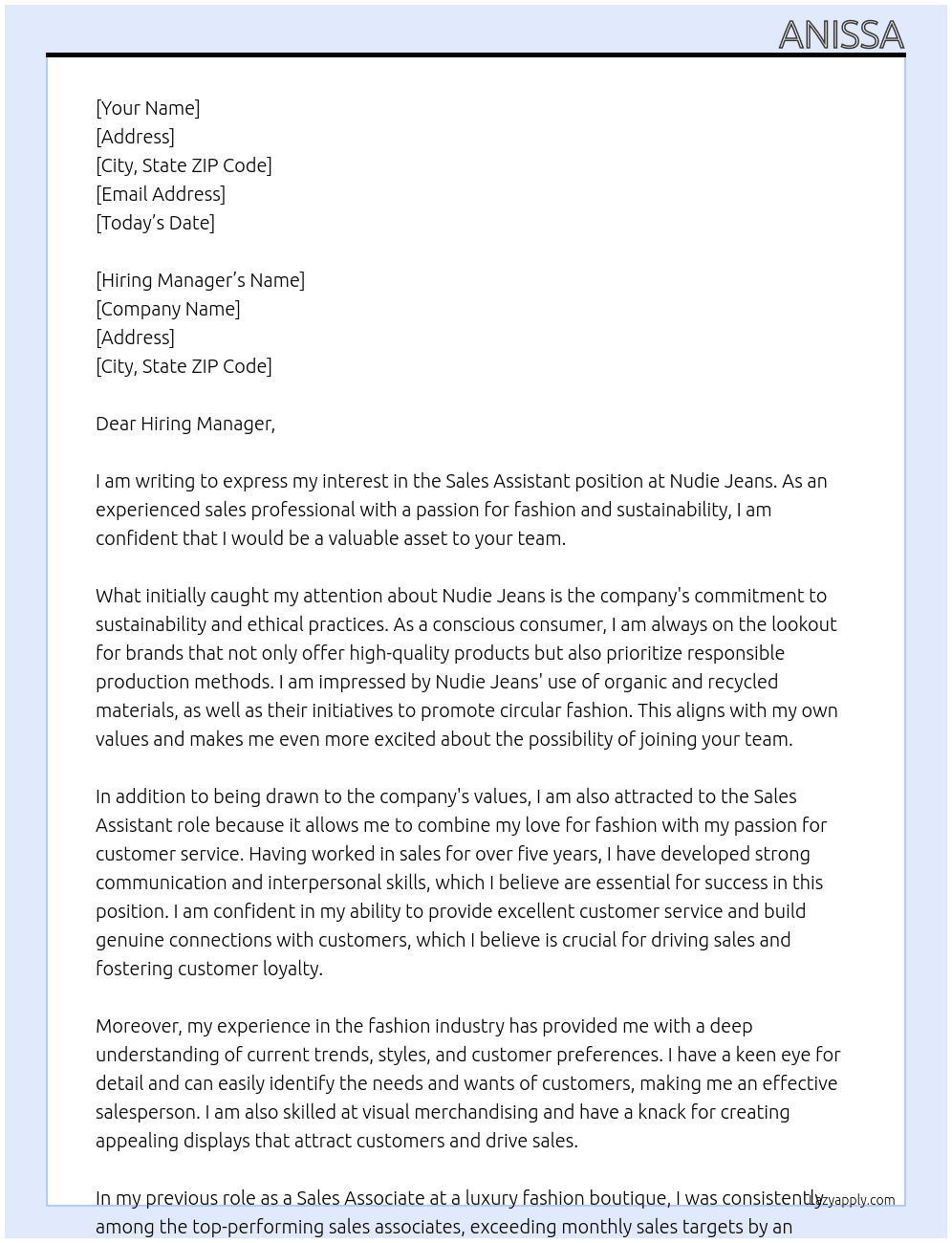 Sales Assistant At Nudie Jeans Cover Letter