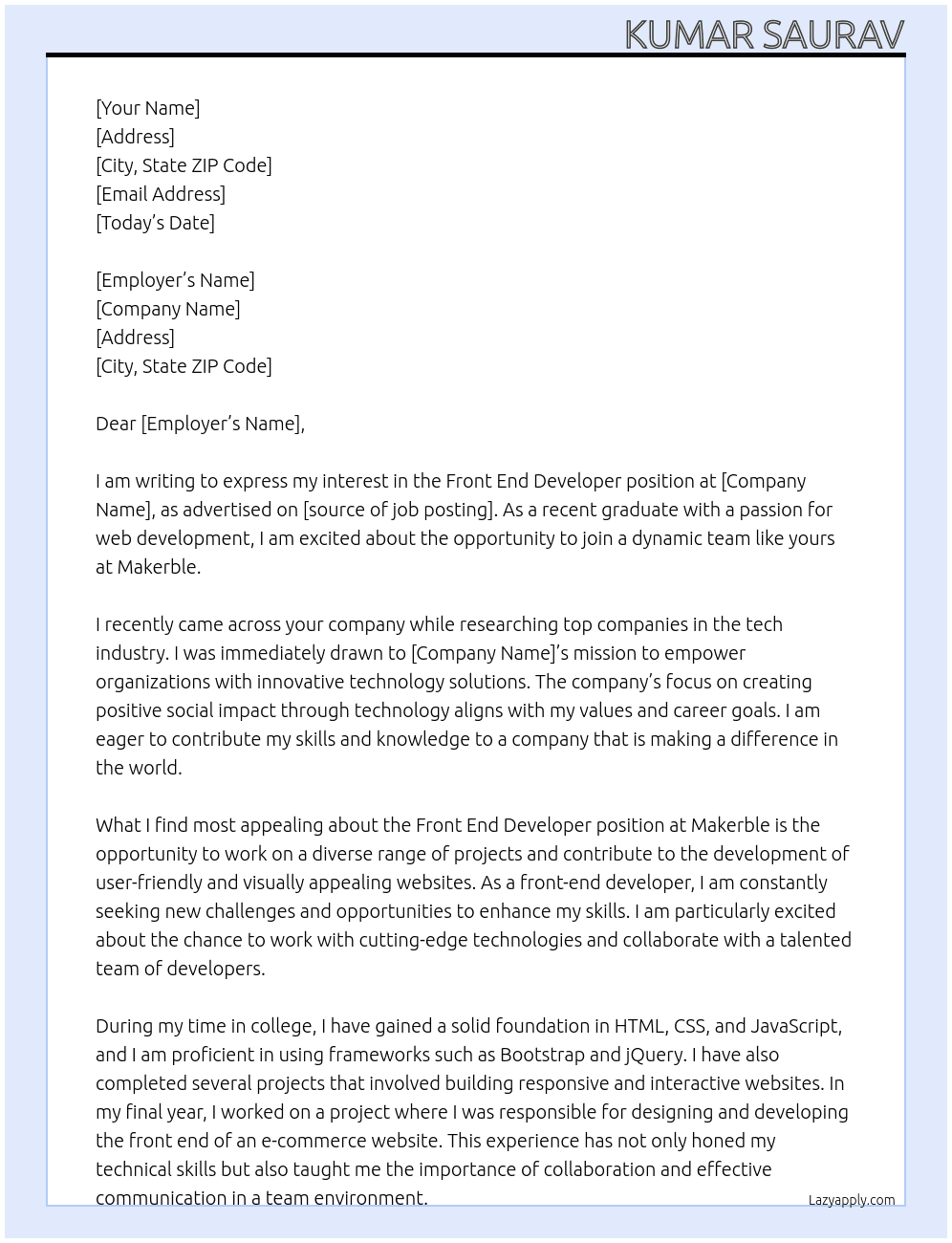 Front End Developer At Makerble Cover Letter