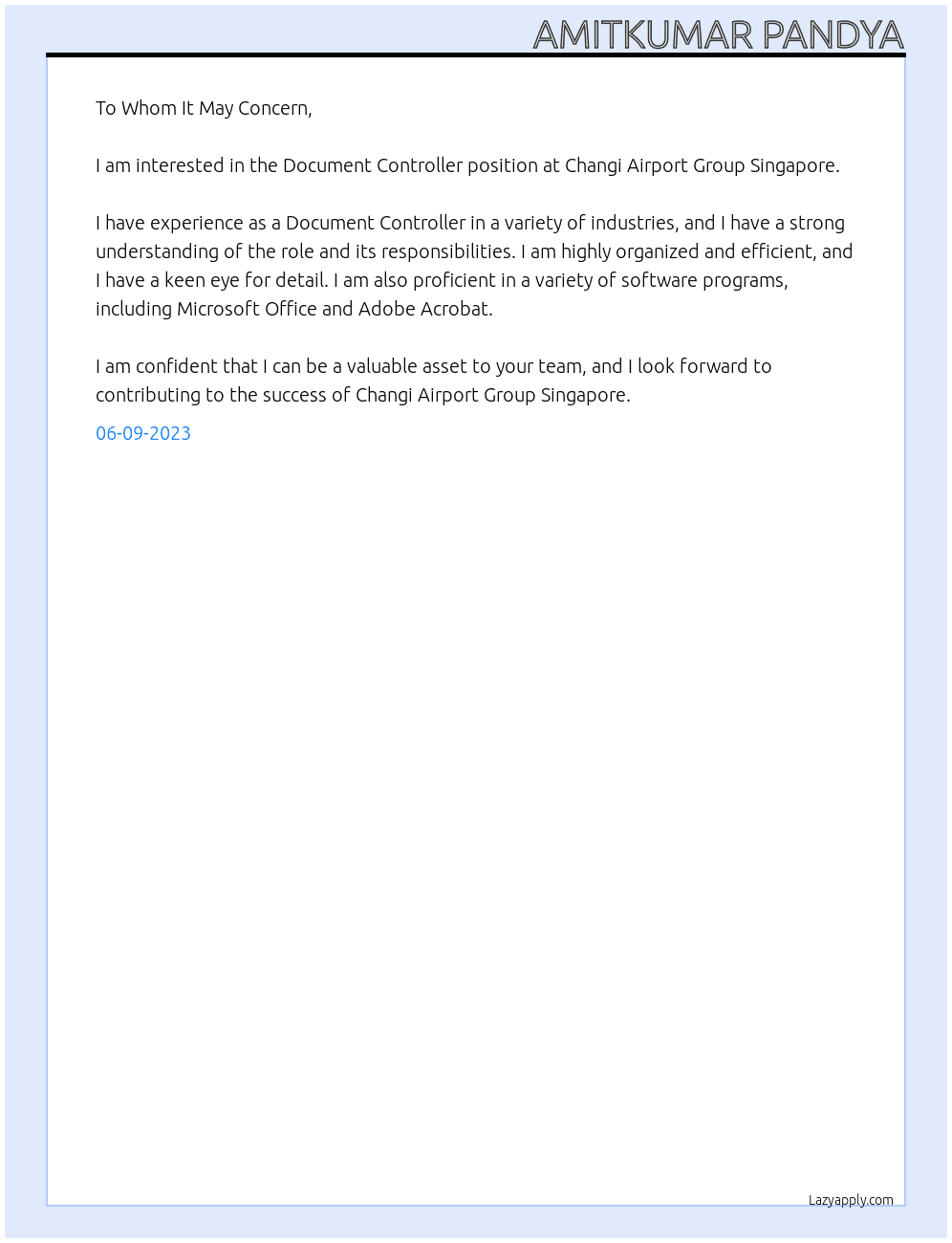 Document Controller At Changi Airport Group Singapore Cover Letter