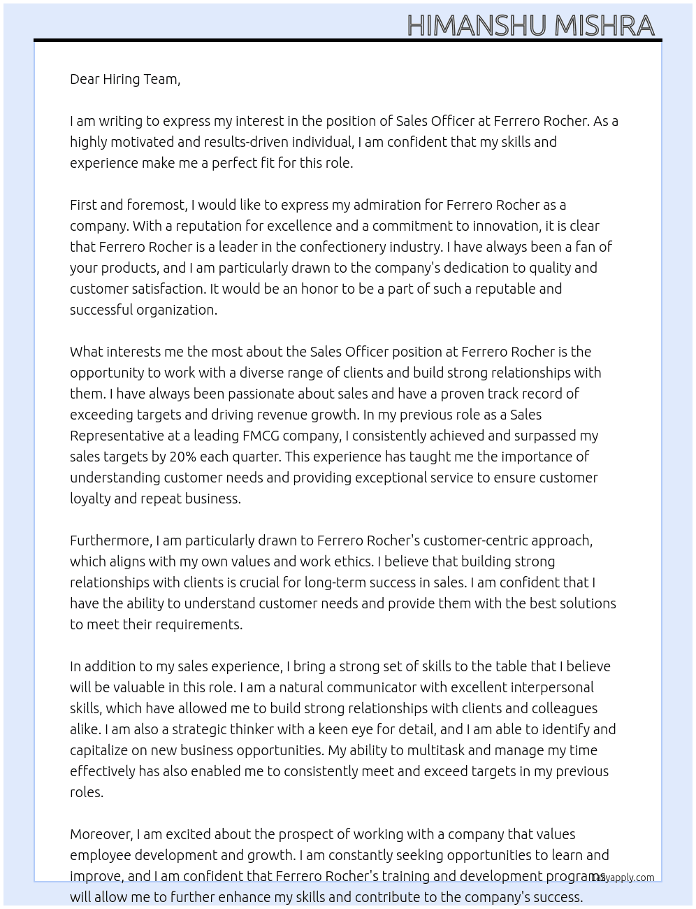 Sales officer  At Ferrero rocher  Cover Letter