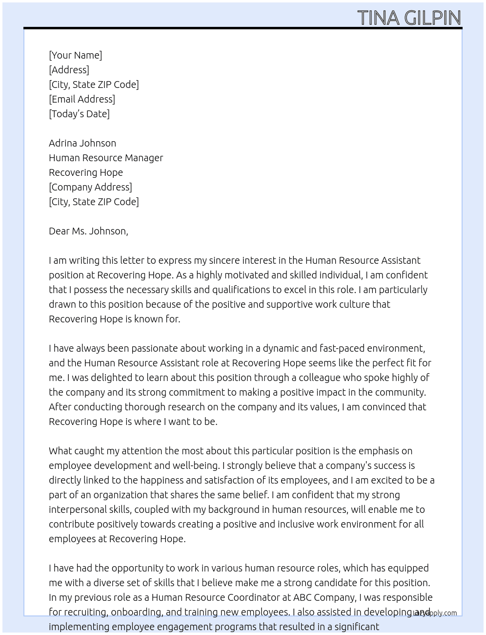 Human Resource Assistant At Recovering Hope Cover Letter