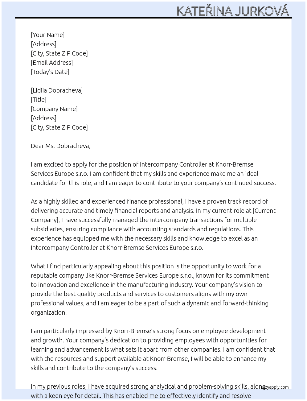 Intercompany controller At Knorr-Bremse Services Europe s.r.o. Cover Letter