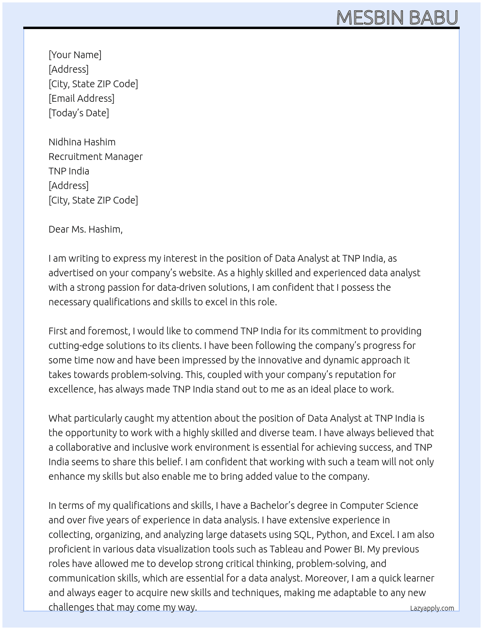 Data Analyst At TNP India Cover Letter