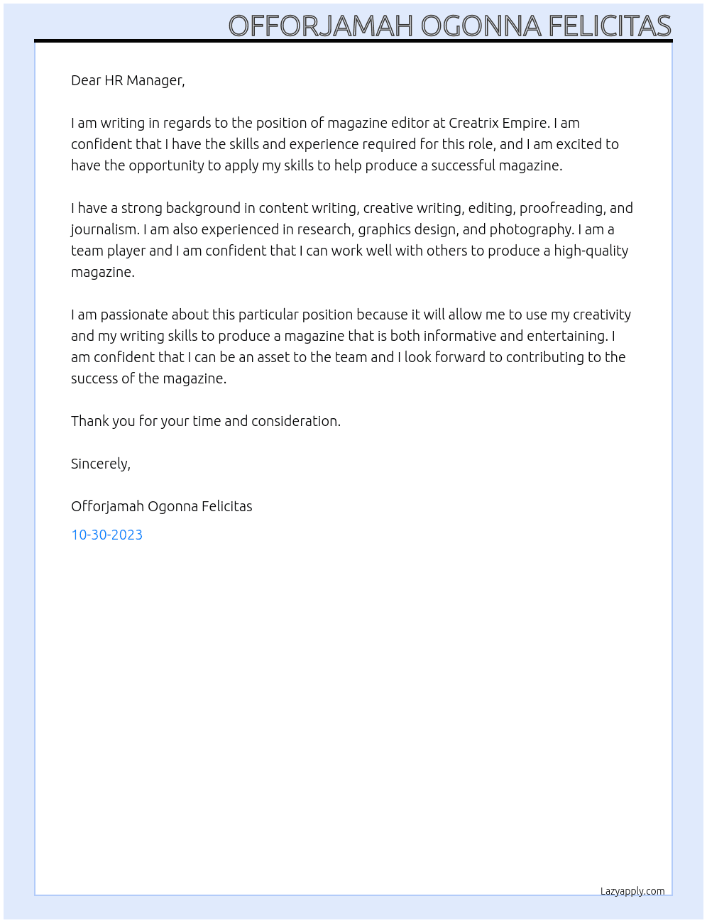 Magazine Editor At Creatrix Empire Cover Letter