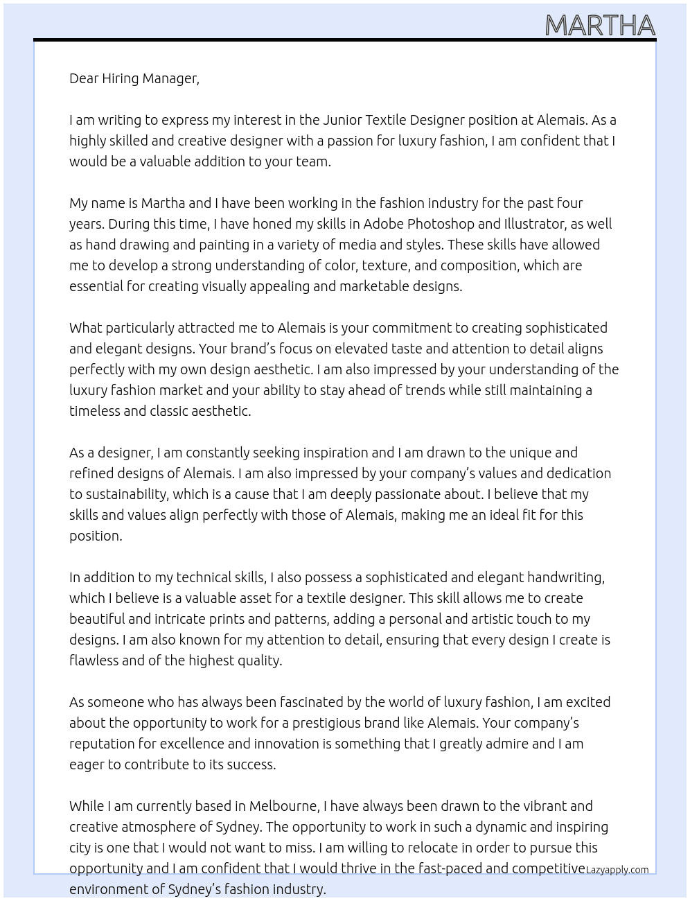 Junior textile designer At Alemais Cover Letter