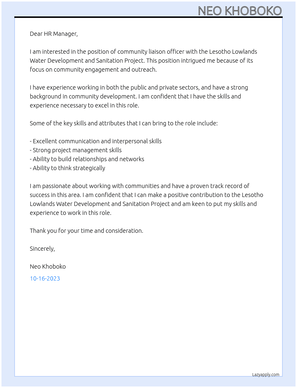 Community liaison officer At Lesotho Lowlands Water Development and Sanitation Project Cover Letter