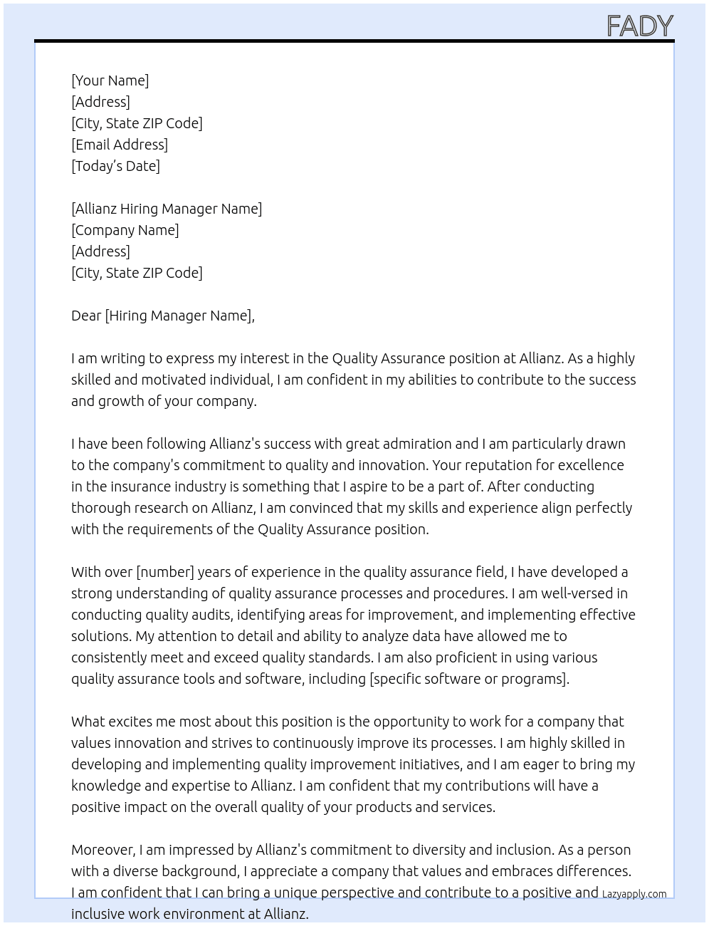 quality assurance  At allianz Cover Letter