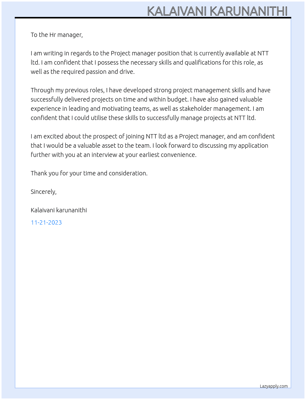 Project manager  At NTT ltd Cover Letter