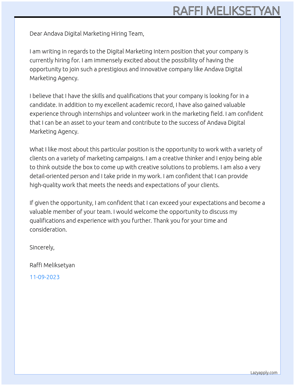 Digital Marketing Intern At Andava Digital Marketing Agency Cover Letter