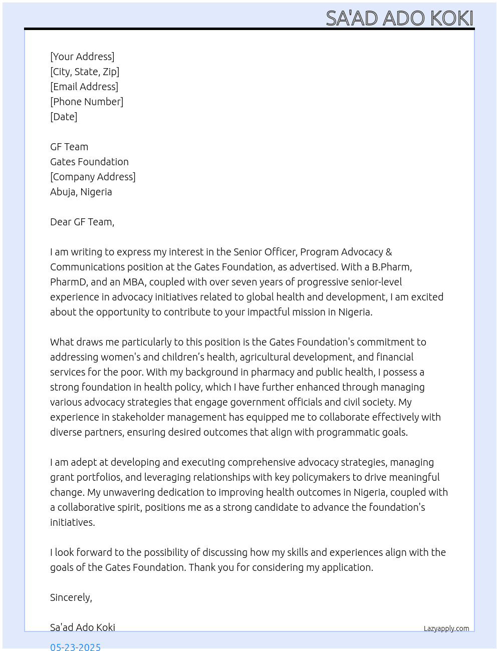 Senior Officer, Program Advocacy & Communications At Gates Foundation Cover Letter