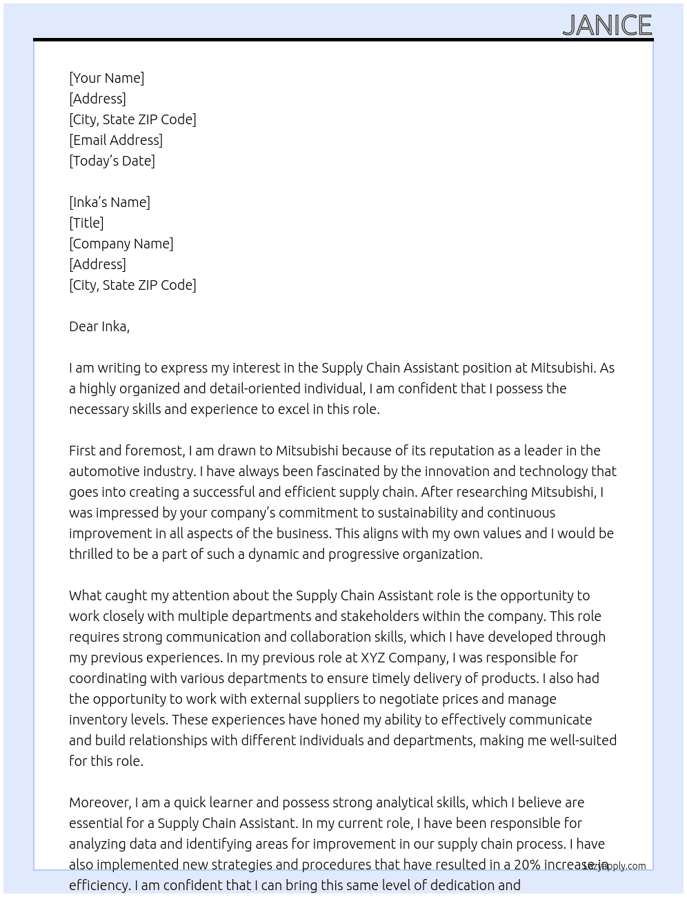 Supply Chain Assistant At Mitsubishi Cover Letter