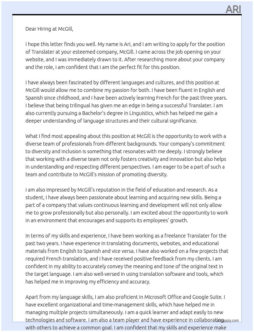 Translter At Mcgill Cover Letter