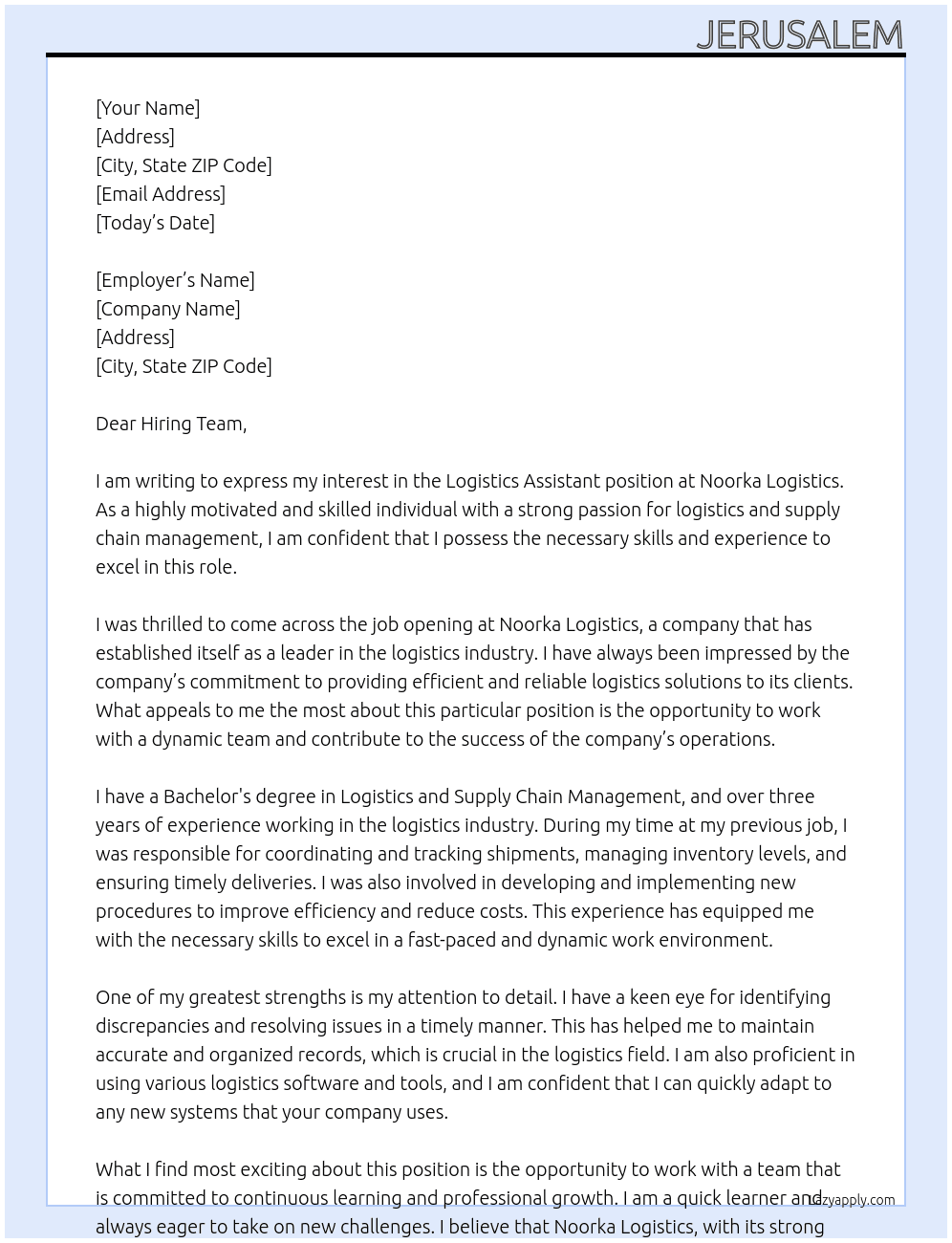 LOGISTICS ASSISTANT At Noorka Logistics Cover Letter