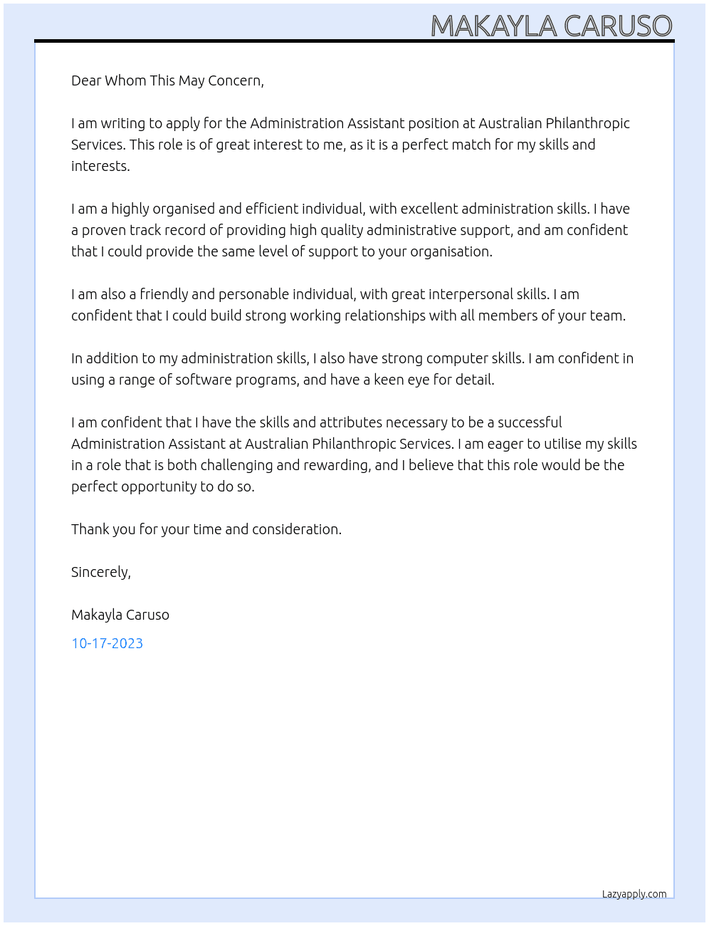 Administration Assistant At Australian Philanthropic Services Cover Letter