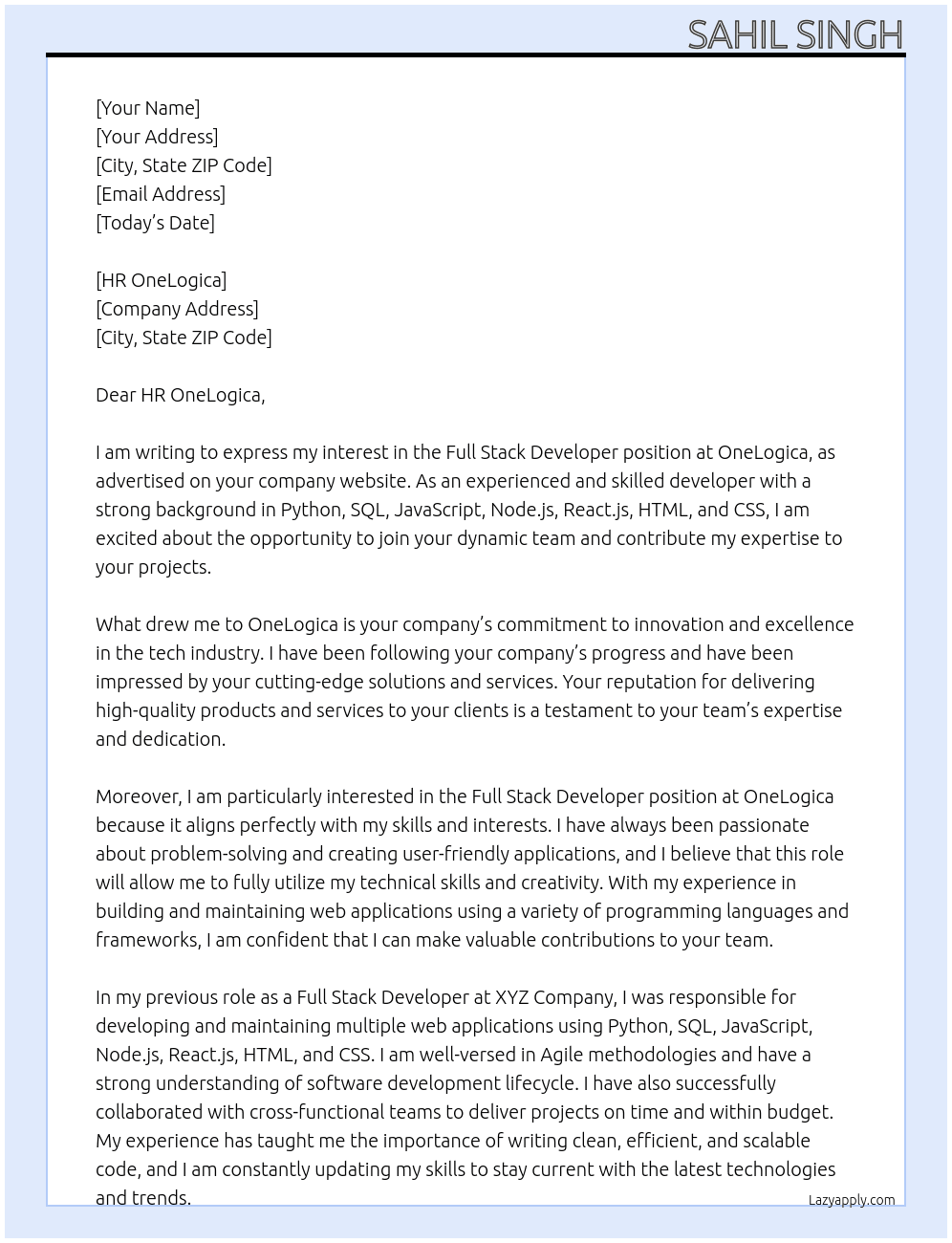 Full stack devloper At OneLogica Cover Letter