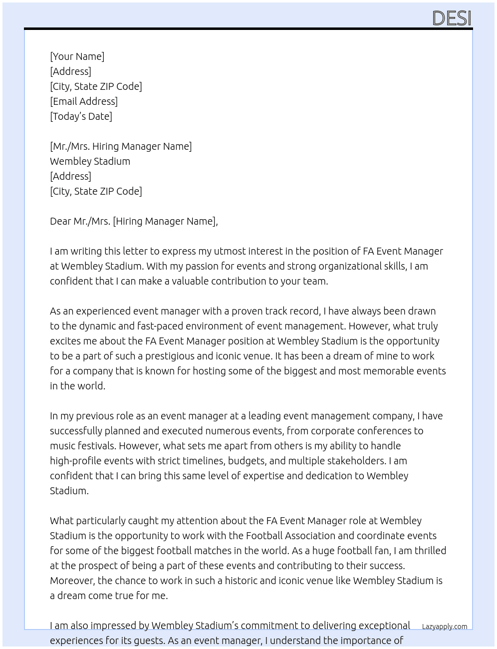 FA Event Manager At Wembley Stadium Cover Letter