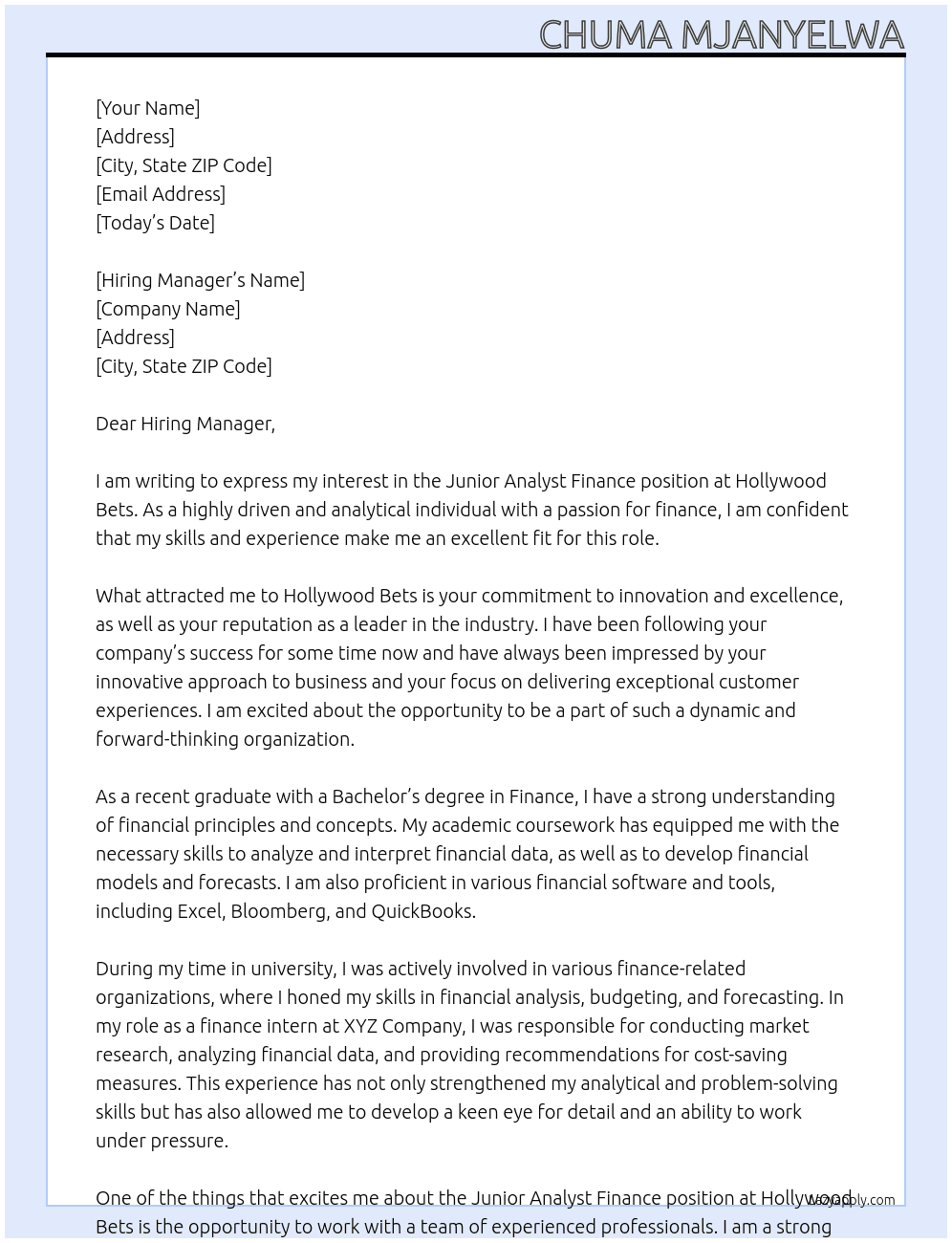 Cover letter for junior analyst finance - LazyApply