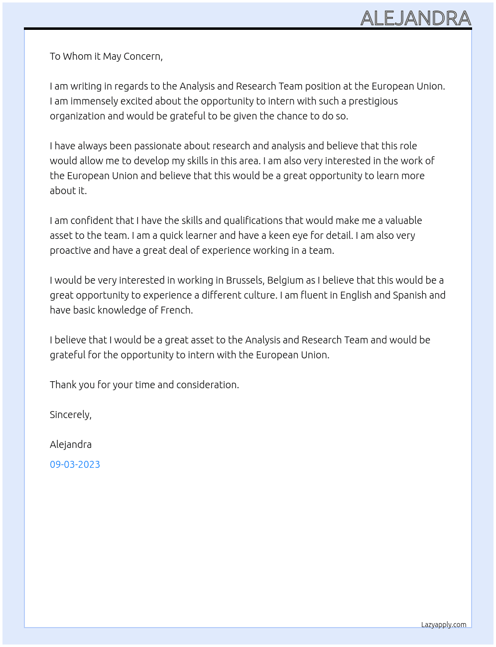 Analysis and Research Team At European Union Cover Letter