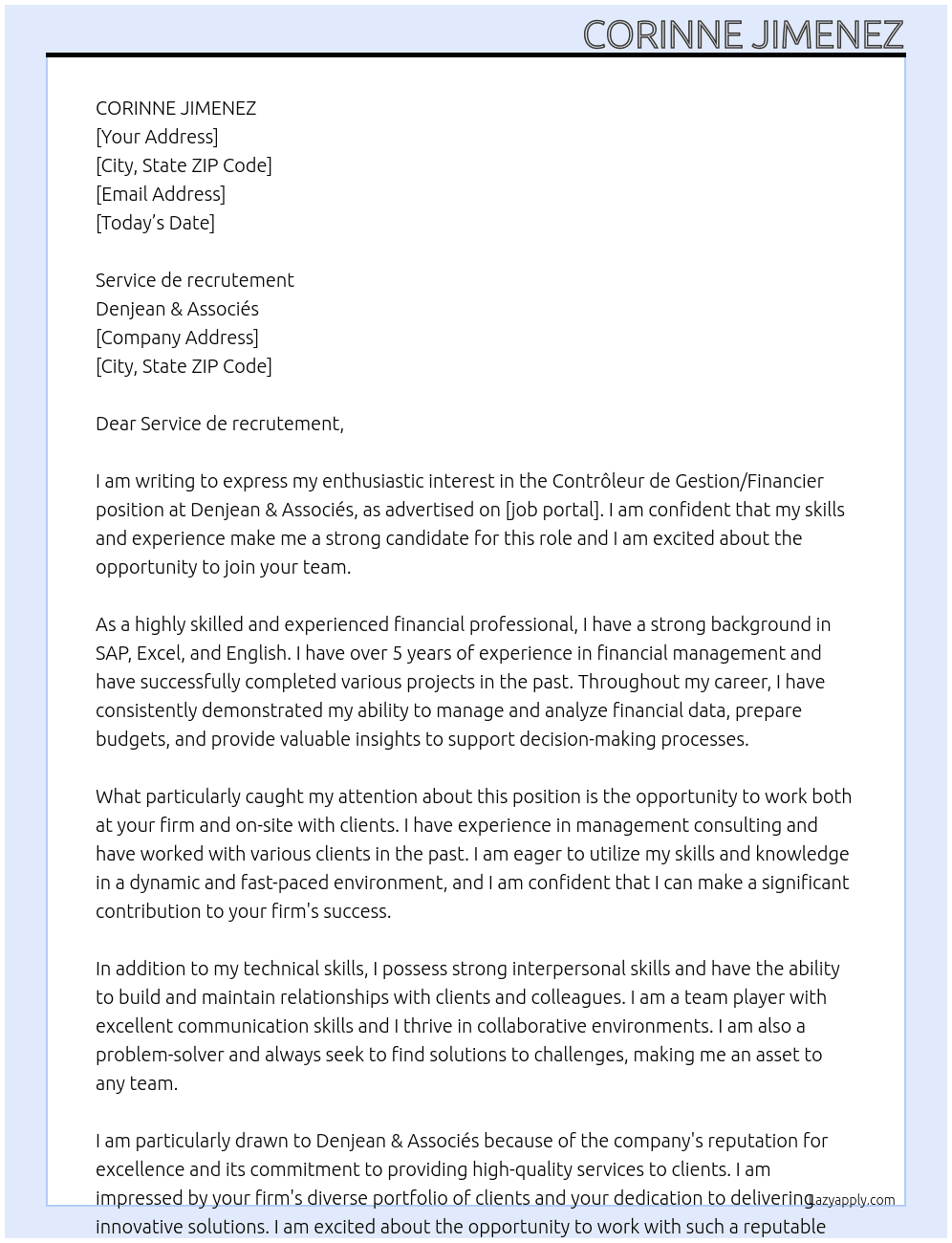 Contrôleur de Gestion/Financier At Denjean & Associés Cover Letter
