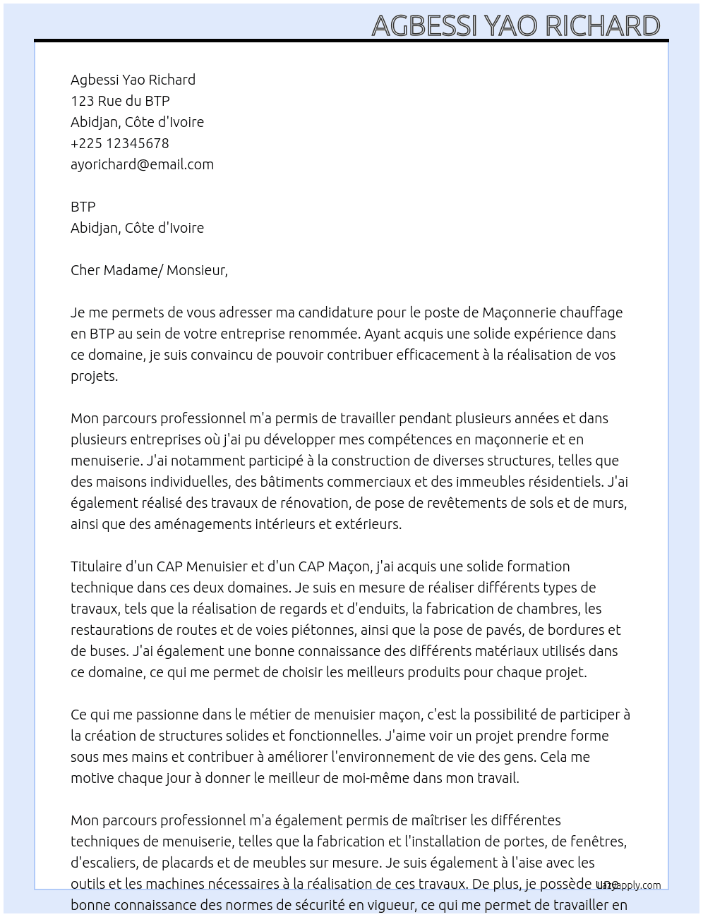 Maçonnerie chauffage en BTP  At BTP  Cover Letter