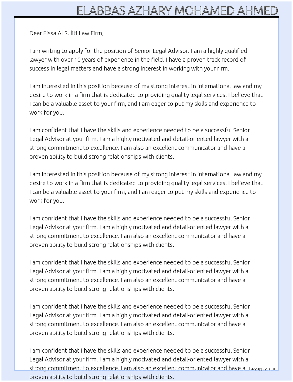 Senior Legal Advisor  At Eissa Al Suliti Law Firm  Cover Letter