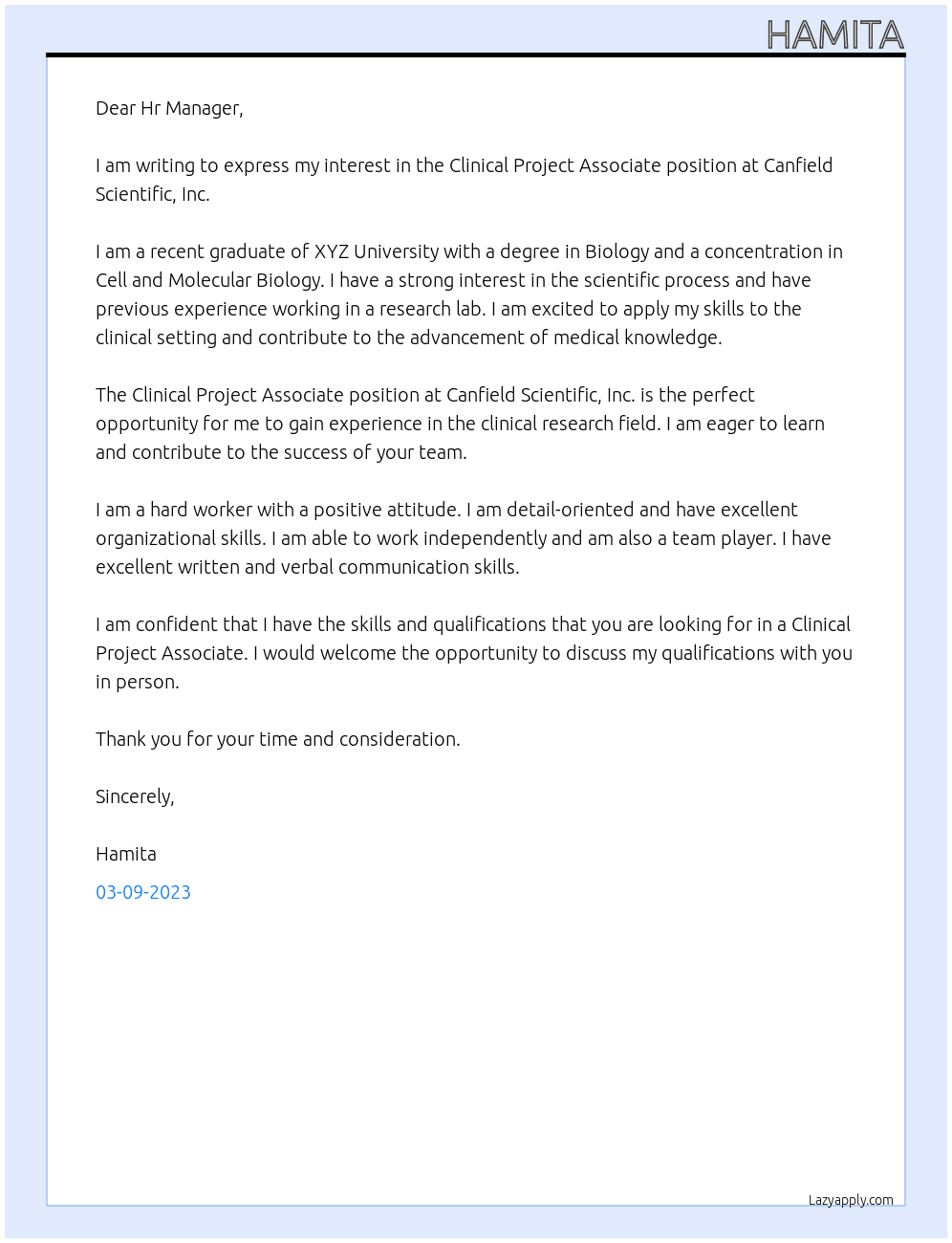 Clinical Project Associate At Canfield Scientific, Inc. Cover Letter