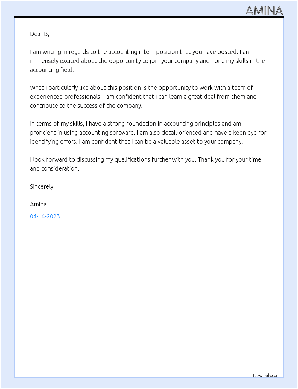 Accounting Intern At B Cover Letter