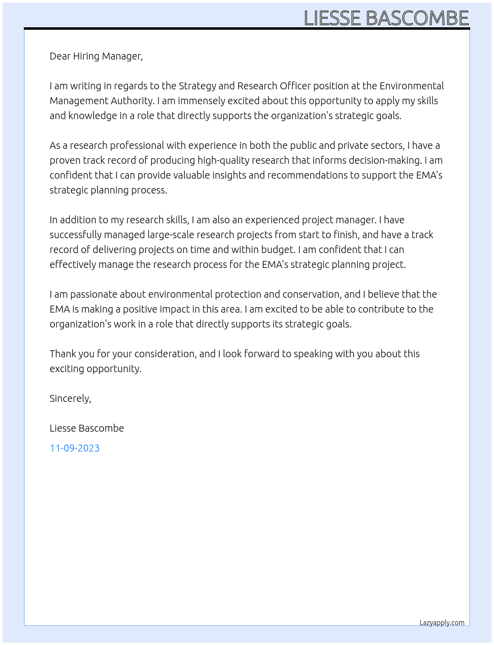 Strategy and Research Officer  At Environmental Management Authority Cover Letter
