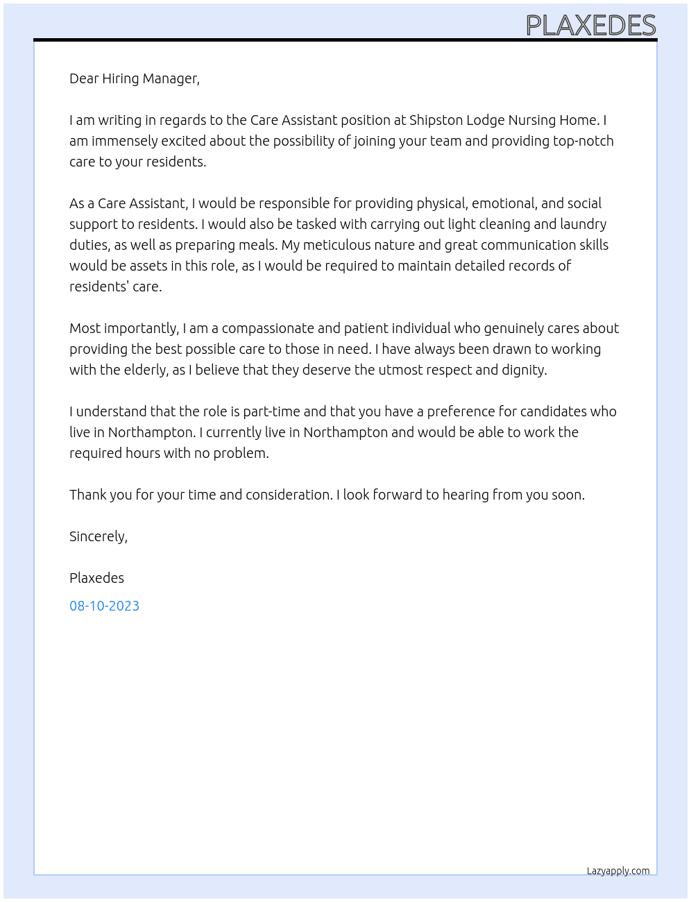 Care Assistant At Shipston Lodge Nursing Home Cover Letter