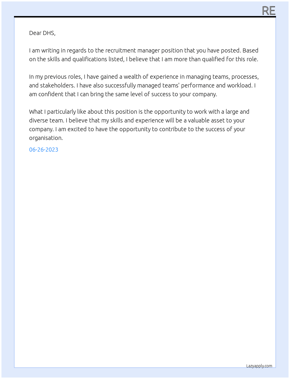 Recruitment Manager At nh Cover Letter