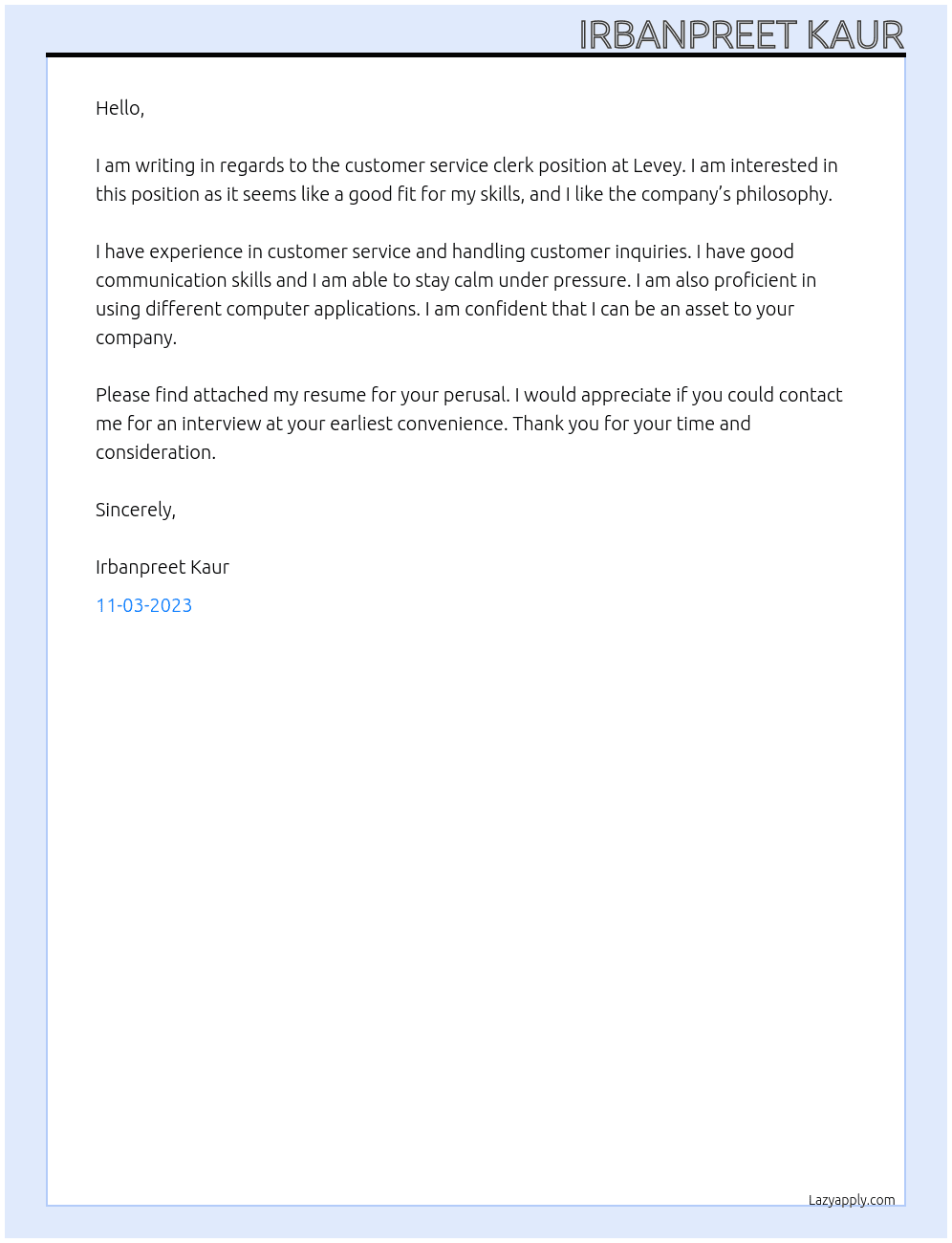 customer service clerk At Levey Cover Letter