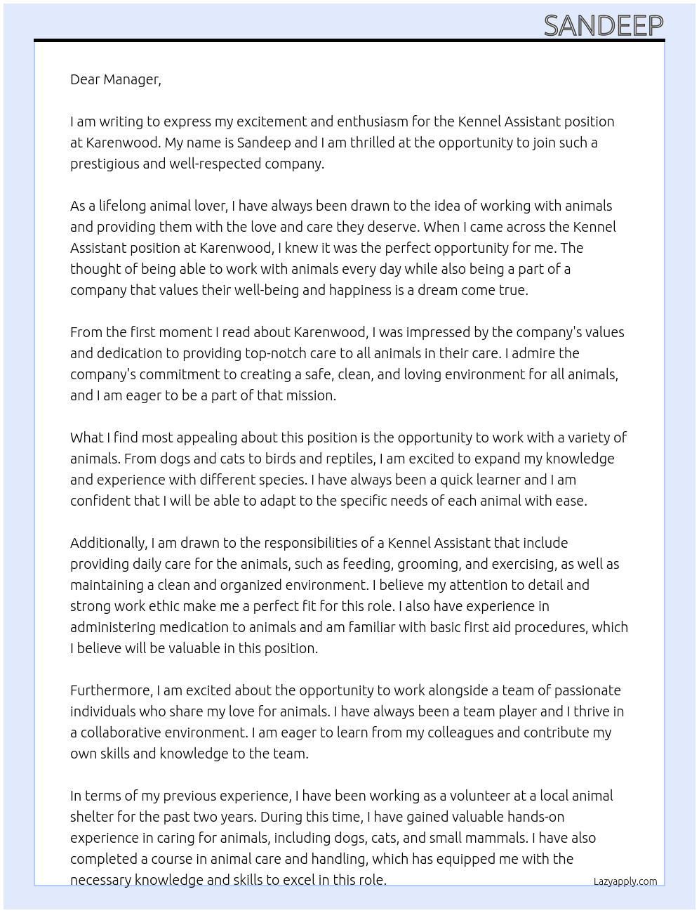Kennel assistant At Karenwood Cover Letter