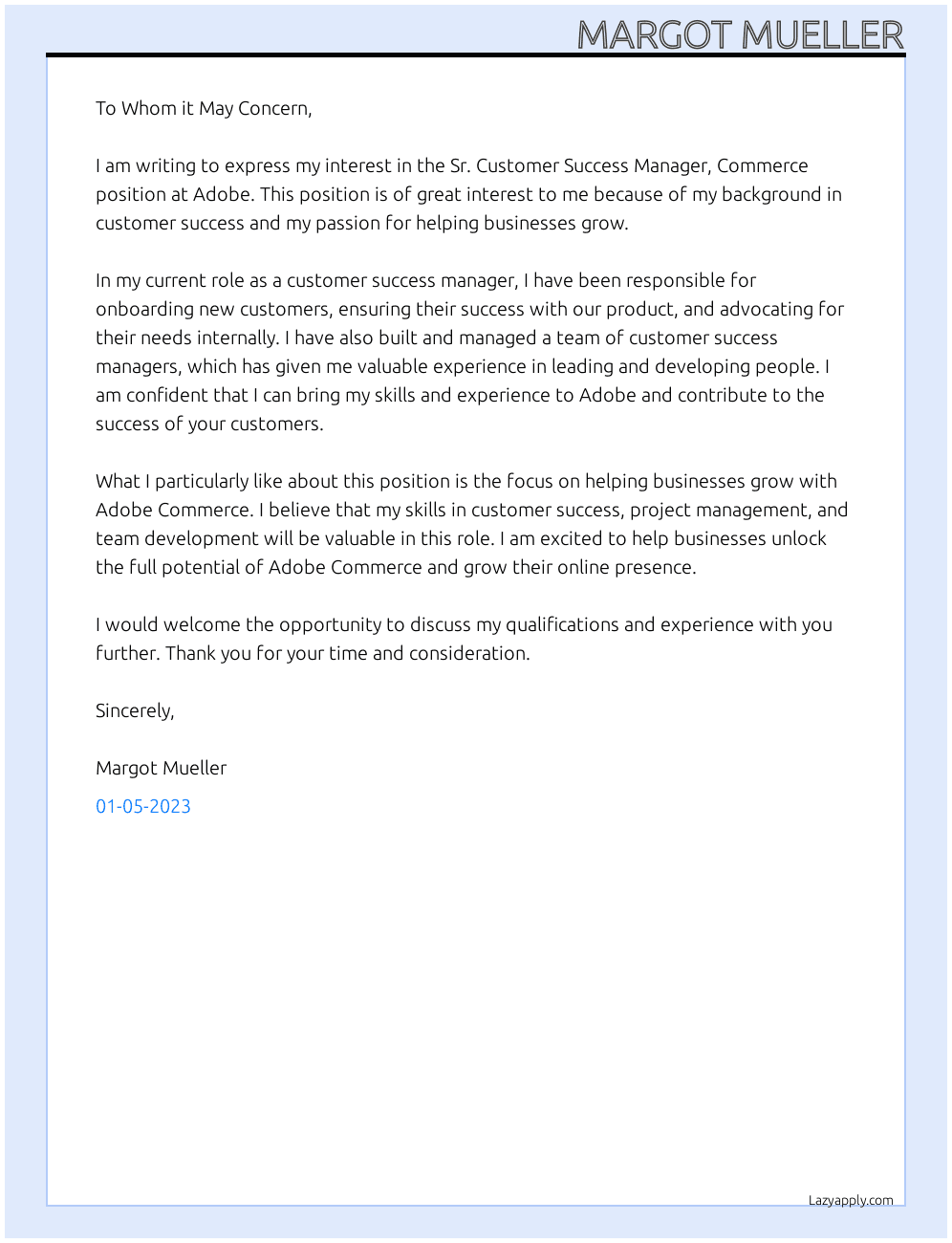 Cover letter for sr. customer success manager, commerce - LazyApply