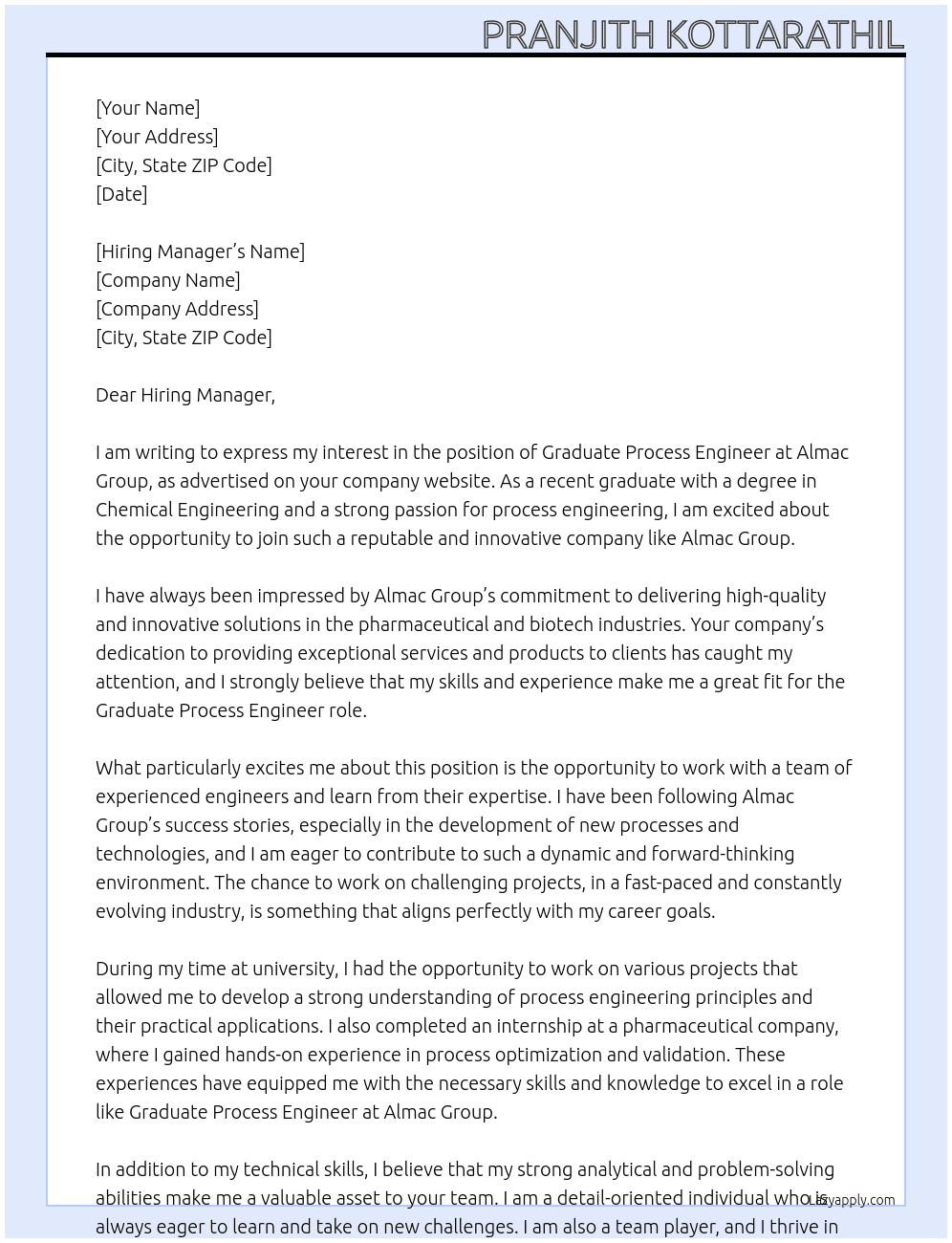 Graduate Process Engineer At Almac Group  Cover Letter