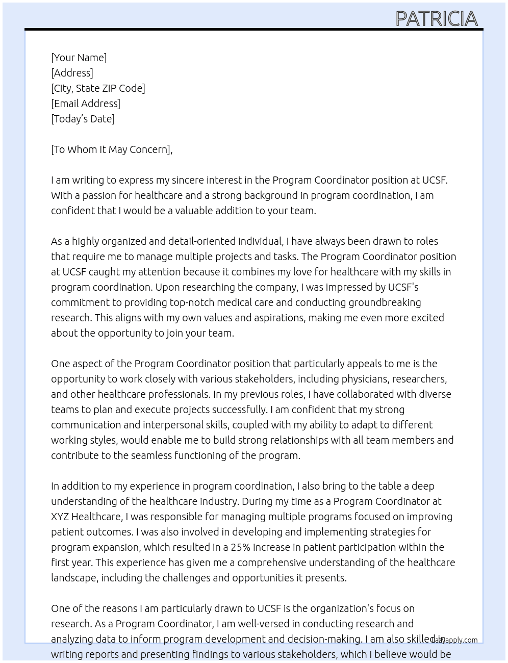 Program coordinator At UCSF Cover Letter
