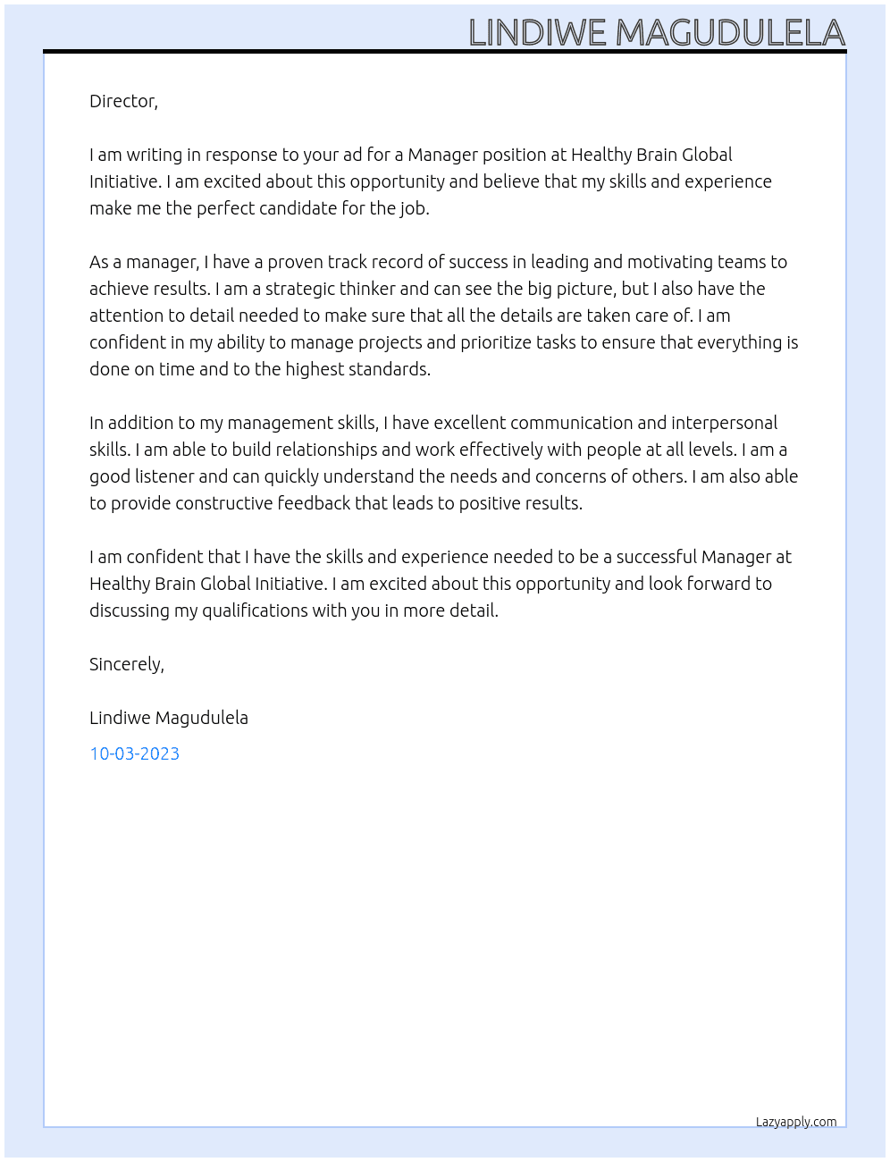 Manager At Healthy brain global initiative  Cover Letter