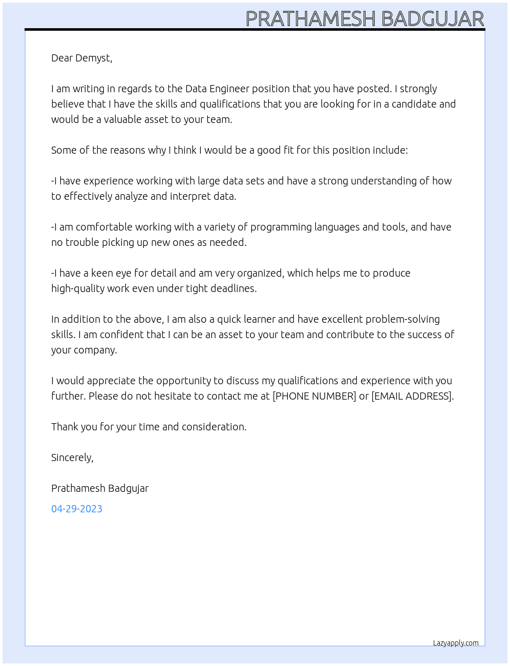 Data Engineer  At Demyst Cover Letter