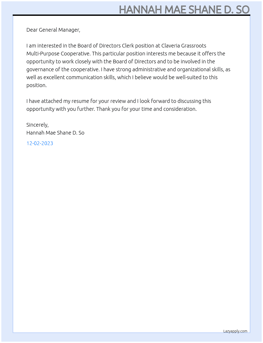 Board of Directors Clerk At Claveria Grassroots Multi - Purpose Cooperative Cover Letter
